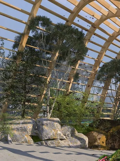 A conceptual design for a public butterfly conservatory using a large-span Glulam timber structure. This proposal aims to bring clean timber technologies to public projects in India, creating beautiful, nature-filled spaces.