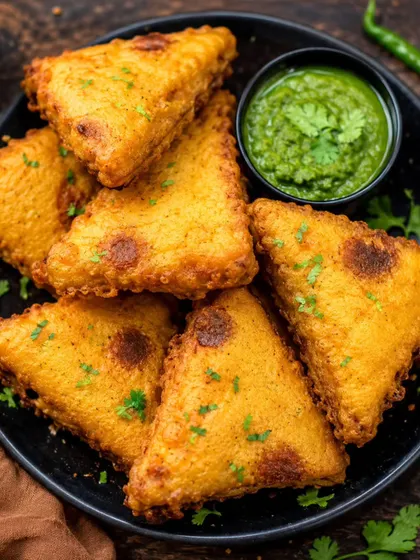 Bread pakoda triangles and green chutney appear in this menu display of a snack we also include in sample boxes.