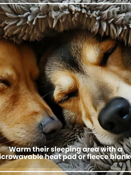 A simple but effective winter care tip. Ensure your pet's sleeping area is warm and cozy by adding a fleece blanket or a microwavable heat pad for extra comfort during cold nights.