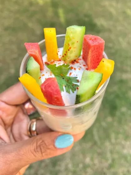 My favorite summer snack cup. Fresh, crunchy vegetable sticks dipped in spiced hung yogurt. It's a refreshing, satiating, and nutritious snack packed with protein, healthy fats, and vitamins.