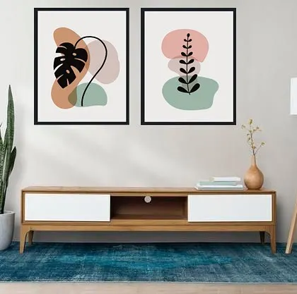 A set of two framed prints that combines abstract shapes with minimalist botanical drawings. The earthy tones and simple forms are perfect for a modern, nature-inspired decor scheme.