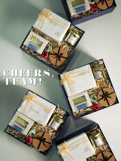 Cheers, team! A batch of custom appreciation hampers ready to go. These boxes are a great way to acknowledge hard work and celebrate team achievements.