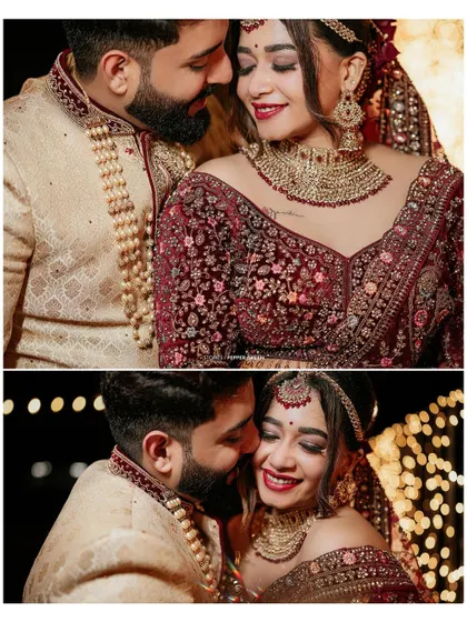 A collage of romantic close-ups of Reshma and Noel. These shots highlight their deep connection and the joy of their wedding night.