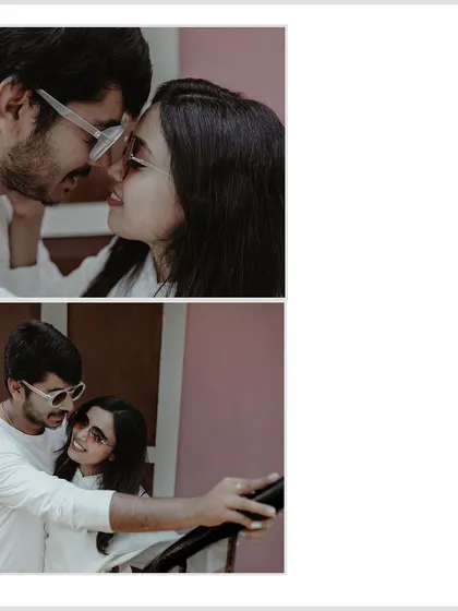 A collage of intimate, playful moments from a casual pre-wedding shoot. The matching white outfits and sunglasses give it a fun, coordinated vibe.