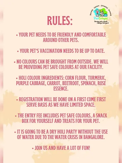 Read our rules for a happy Holi. This graphic explains our policies, such as providing all pet-safe colors and ensuring the event is a dry Holi party, so you know exactly what to expect.