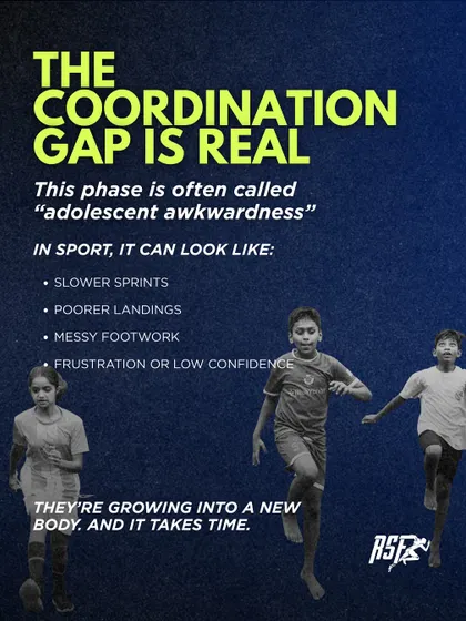 The "coordination gap" is real. This infographic explains how adolescent awkwardness can manifest in sport as slower sprints, messy footwork, and frustration. It's a normal part of growing into a new body.