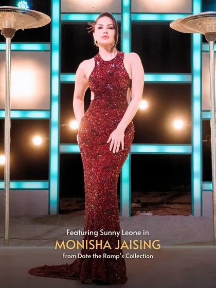 Featuring Sunny Leone in a dazzling red sequin gown by Monisha Jaising. Get this iconic, fiery look for your next big night out by renting it from our collection.
