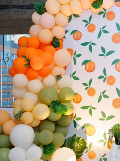 A beautiful balloon arch in shades of orange, peach, and sage green perfectly frames the custom backdrop, adding a soft and celebratory touch to the decor.