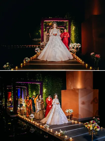 A collage capturing the bride's grand entrance, walking down a candle-lit path over water. These images showcase our ability to capture dramatic and breathtaking moments.