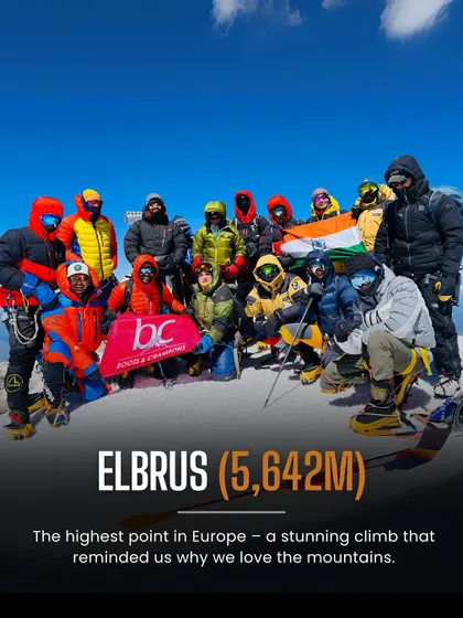 The summit of Mt. Elbrus (5,642m), the highest point in Europe. A proud moment for our team, celebrating with the Indian flag on one of the Seven Summits.