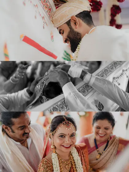 A collage capturing the key rituals of Adarsh and Premika's wedding, from the blessings to the smiles shared between the couple and their parents.