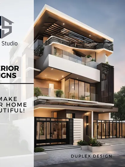 This graphic highlights the duplex design concept, emphasizing my goal to make your home beautiful from the outside in. The facade uses a sophisticated palette of white, grey, and wood tones for a contemporary look.