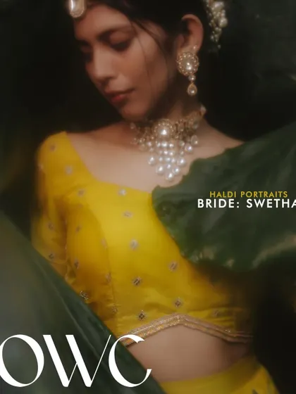 A magazine-style portrait from a Haldi shoot, with elegant text overlay and a focus on the bride's graceful pose.
