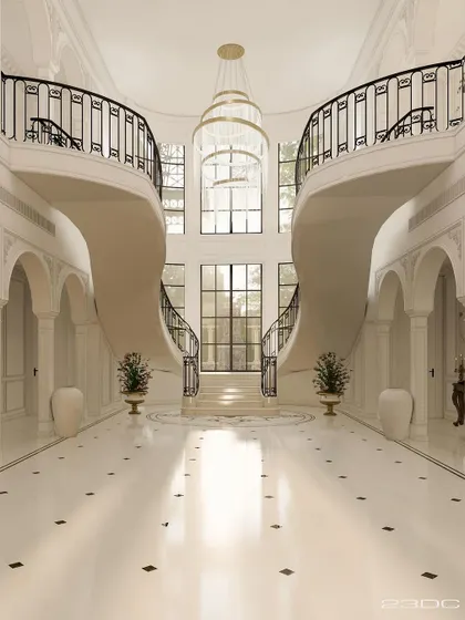 A breathtaking render of a neoclassical lobby, featuring a magnificent double staircase that sweeps up to the second floor. The polished marble floor, grand arches, and central chandelier create an unforgettable sense of arrival.