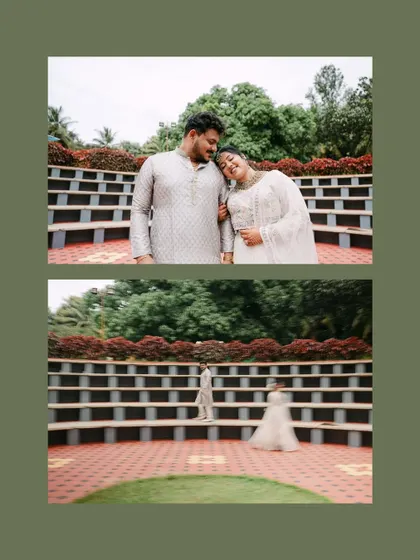 A collage showing a couple in a beautiful outdoor setting. This highlights our ability to capture both grand, sweeping shots and intimate, candid moments.