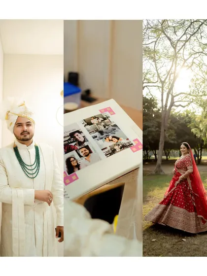 A collage that tells a story through objects and portraits, showing a photo album of their memories alongside their stunning wedding day looks.