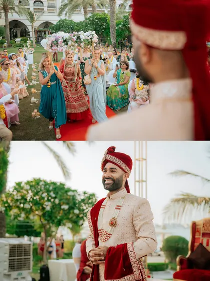A two-part story of the bridal entry. The top frame shows her walking down the aisle, and the bottom frame captures the groom's happy and emotional reaction.