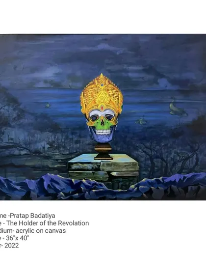 This 36 by 40-inch acrylic on canvas, 'The Holder of the Revolution,' features a crowned skull on a pedestal. It is a surreal and symbolic work about the ideas and sacrifices that underpin significant change, where death and royalty are intertwined.