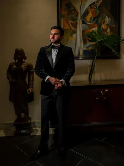 A stunning reception look at the Taj Westend. We use dramatic lighting and elegant backdrops to create sophisticated and timeless portraits for your evening events.