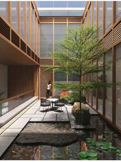 The same courtyard view, emphasizing the use of wood screens and a skylight to create a space that feels both sheltered and open to the sky.