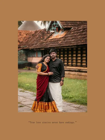 A classic portrait of a couple in traditional outfits, framed with a warm color and a romantic quote.