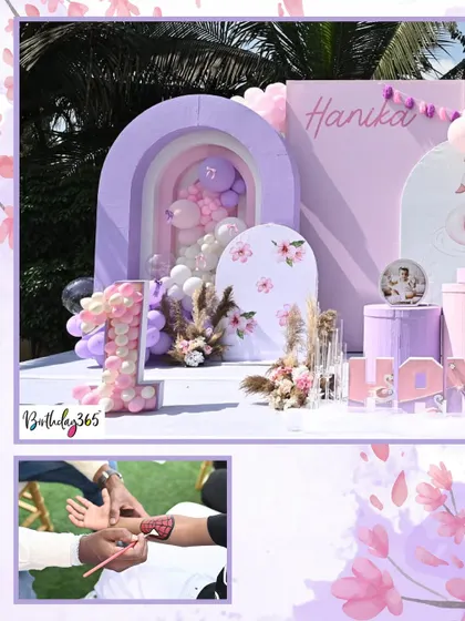 A collage showing different aspects of the swan-themed celebration. It features the main stage with a large number '1' made of balloons and a candid shot of a guest getting henna, showcasing the full event experience.