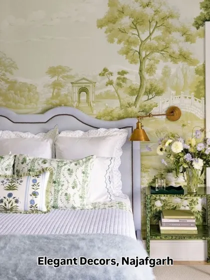 Create a serene and classic atmosphere with a landscape mural wallpaper like this one. This design works beautifully as a headboard wall in a bedroom, turning the entire wall into a piece of art.
