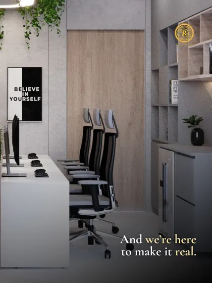 And we're here to make it real. Another angle of the sleek, modern office space, highlighting the organized workstations and belief-inspiring wall art.