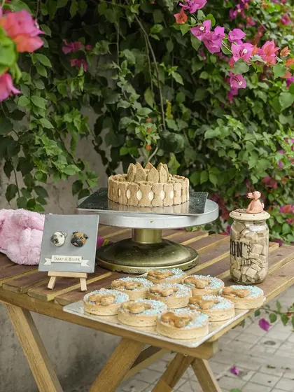 A beautiful outdoor setup showcasing some of our custom cakes and treats. We can help you put together the perfect dessert table for your dog's party.