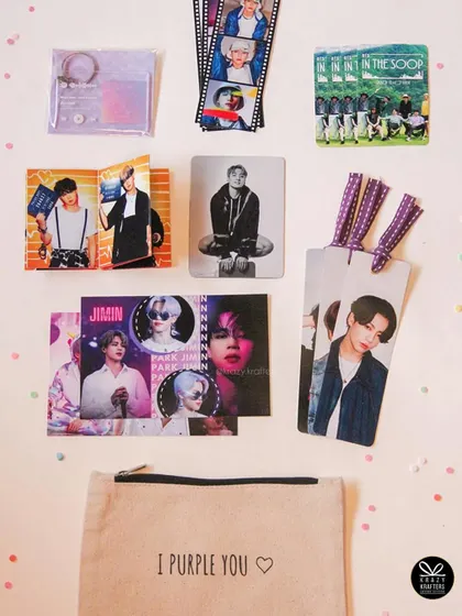 I Purple You! A special delivery for the BTS Army, this pouch is filled with photo cards, bookmarks, and other merchandise featuring the beloved band members.