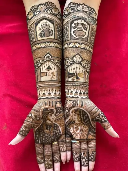 A clear and beautiful portrait mehendi. The design shows the bride and groom on the palms, with scenes from the wedding ceremony on the forearms.