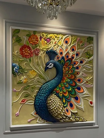 The peacock mural viewed from a slight angle, with a chandelier in the foreground. This shows how the artwork can anchor a room and complement luxurious interior design elements.