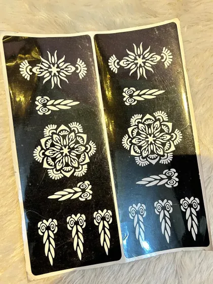 A look at one of my versatile stencil sheets. This set includes a central mandala design, finger details, and other small elements you can mix and match. These are perfect for creating a coordinated look on your hands.