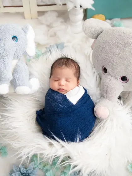 A newborn is swaddled in dark blue and surrounded by fluffy grey elephant toys on a white fur rug. This is a sweet and classic theme, using soft textures and comforting toys to create a gentle scene.