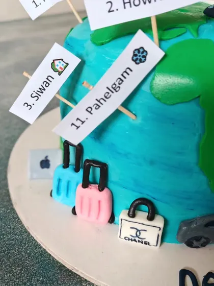 More details from the globe cake, including mini Chanel and Apple luggage, showing how I can incorporate your favorite brands into the design.