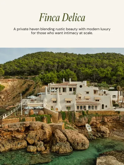 A top Ibiza venue: Finca Delica. A private haven blending rustic beauty with modern luxury, perfect for those who want intimacy at scale.