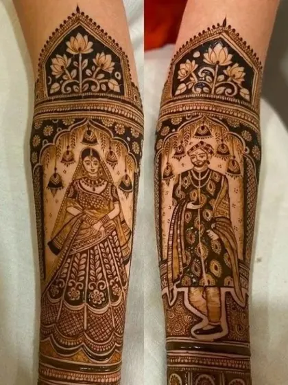 Full-length portraits of the bride and groom in their wedding attire. This style covers the forearm and is perfect for brides who want a bold, statement design.