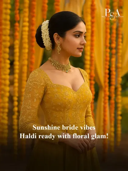 The perfect Haldi look combines tradition with a fresh, modern feel. Here, we've created a soft, glowing makeup look and a classic floral bun that complements the vibrant yellow outfit and the joyous atmosphere of the event.