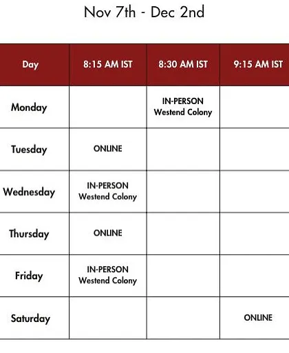 A clear, grid-based schedule for my November and December classes, outlining the days and times for both online and in-person sessions.