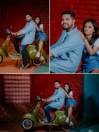A collage of fun poses with a vintage scooter against a brick wall.