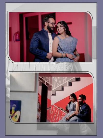 A series of portraits of a couple in blue-themed outfits, capturing their engagement on a staircase and in posed shots.