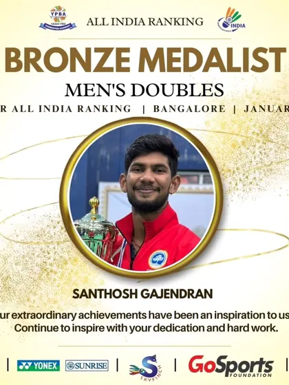 Santhosh Gajendran with his Bronze medal in Men's Doubles from the Senior All India Ranking tournament in Bangalore.