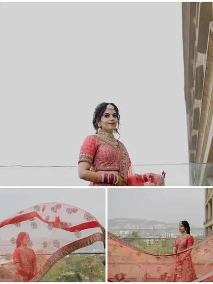 A collage featuring the bride with her veil flowing in the wind, creating a dramatic and beautiful effect.