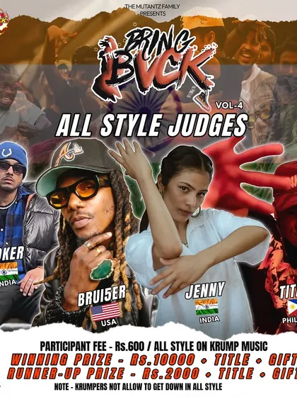The All-Style judges lineup for Bring The BVCK Vol-4. Judging on Krump music is a true test of a dancer's raw energy and adaptability.
