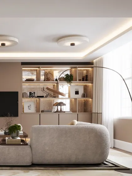 Another view of the London lounge, this time showing the elegant arc of a floor lamp over the sofa. The lighting simulation creates a perfect reading nook atmosphere.
