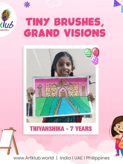 Seven-year-old Thiyanshika uses tiny brushes for her grand vision of the Taj Mahal.