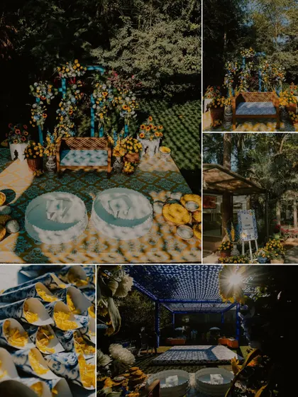A collage of the beautiful, colorful decor details from a Haldi ceremony, showcasing the festive setup.