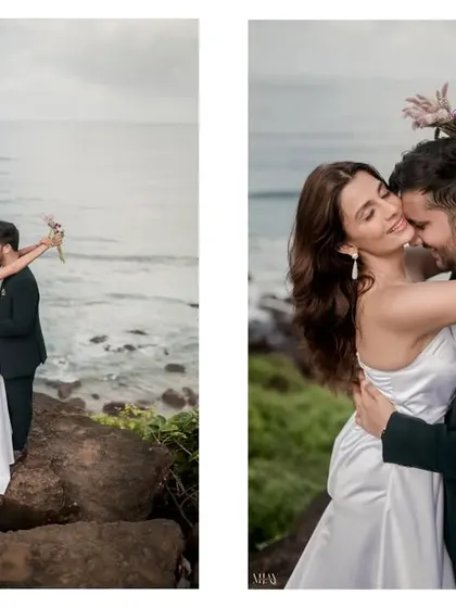 A collage of playful and romantic moments from the Goa cliffside proposal shoot.