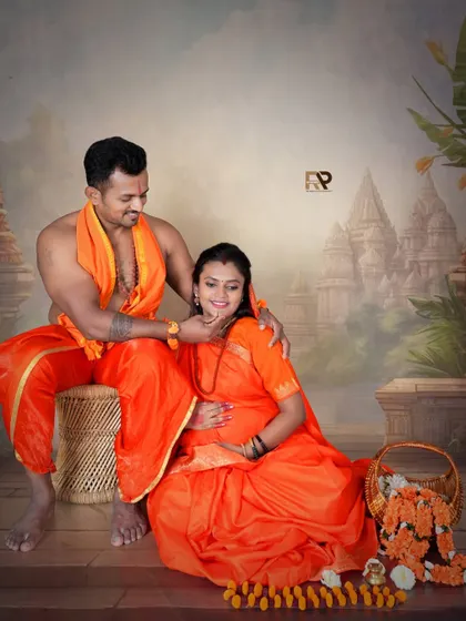 A tender moment from our Seetha-Ram theme. The couple shares a gentle touch, their expressions full of love and anticipation.