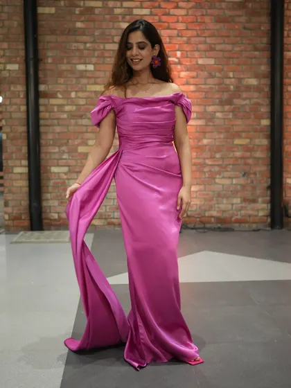 Another view of my pink gown against a rustic brick wall.